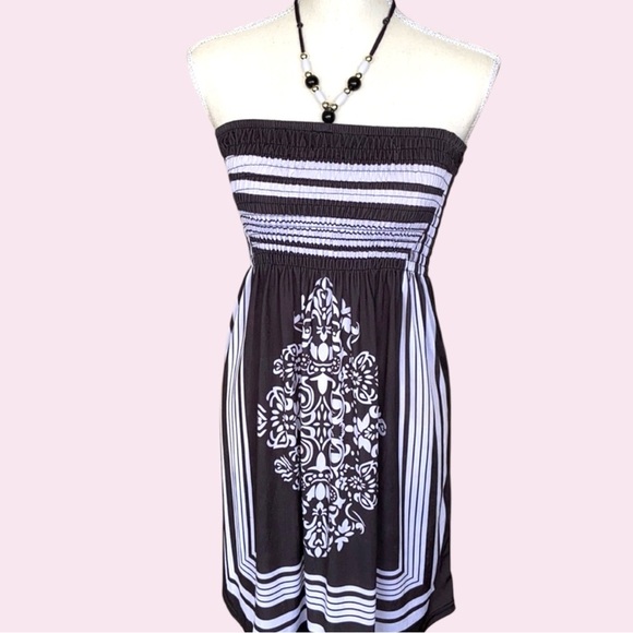 Christina Love Smocked Tube Top Dress Paisley Gray White Beaded Halter M - Picture 2 of 13